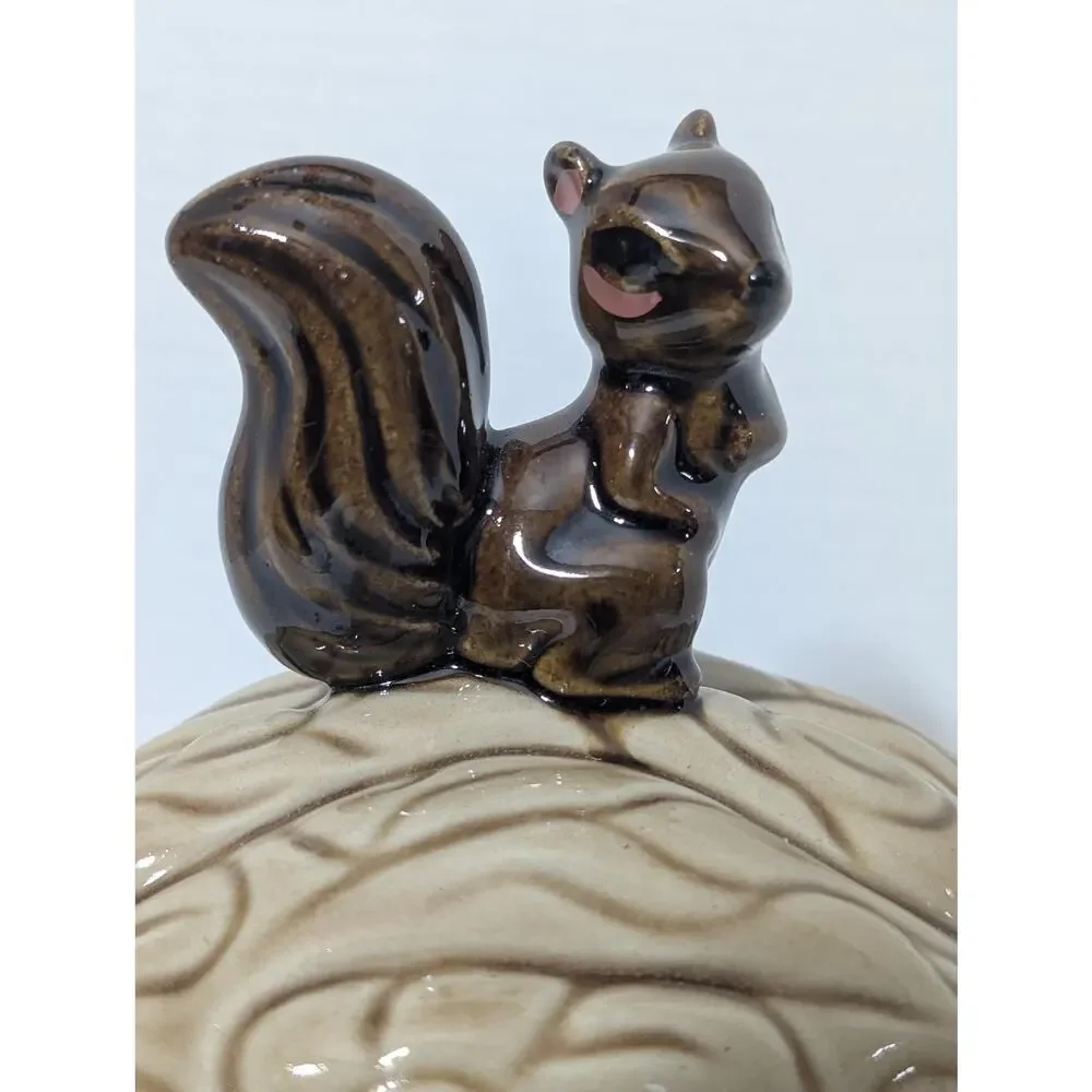 Vintage Ceramic Walnut Dish with Squirrel Finial Covered Nut Bowl